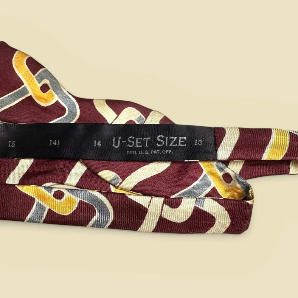 Vintage U-SET SIZE Mens Bowtie Burgundy Yellow Abstract Geometric Self Tie 13-16